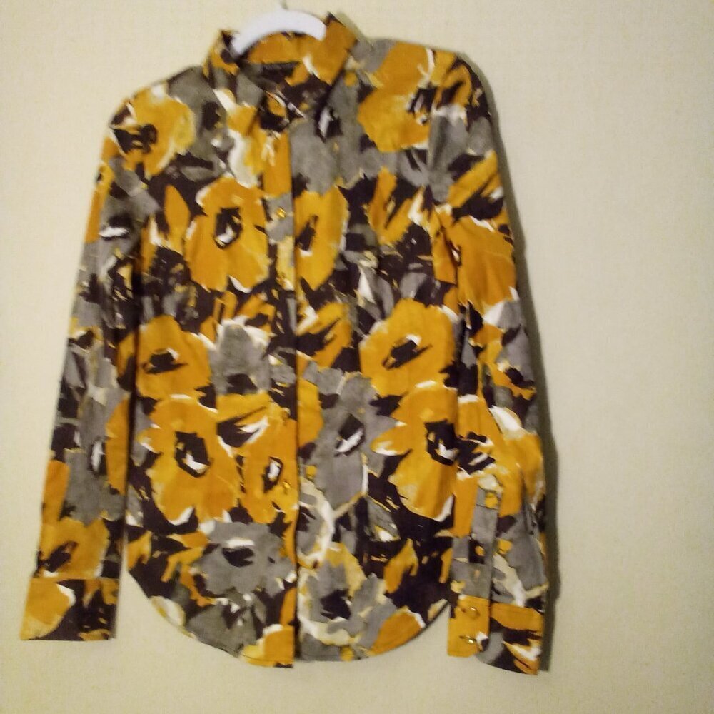 New York & Company Shirt Women S Long Sleeve Button Up Pattern Orange Brown - Picture 2 of 13